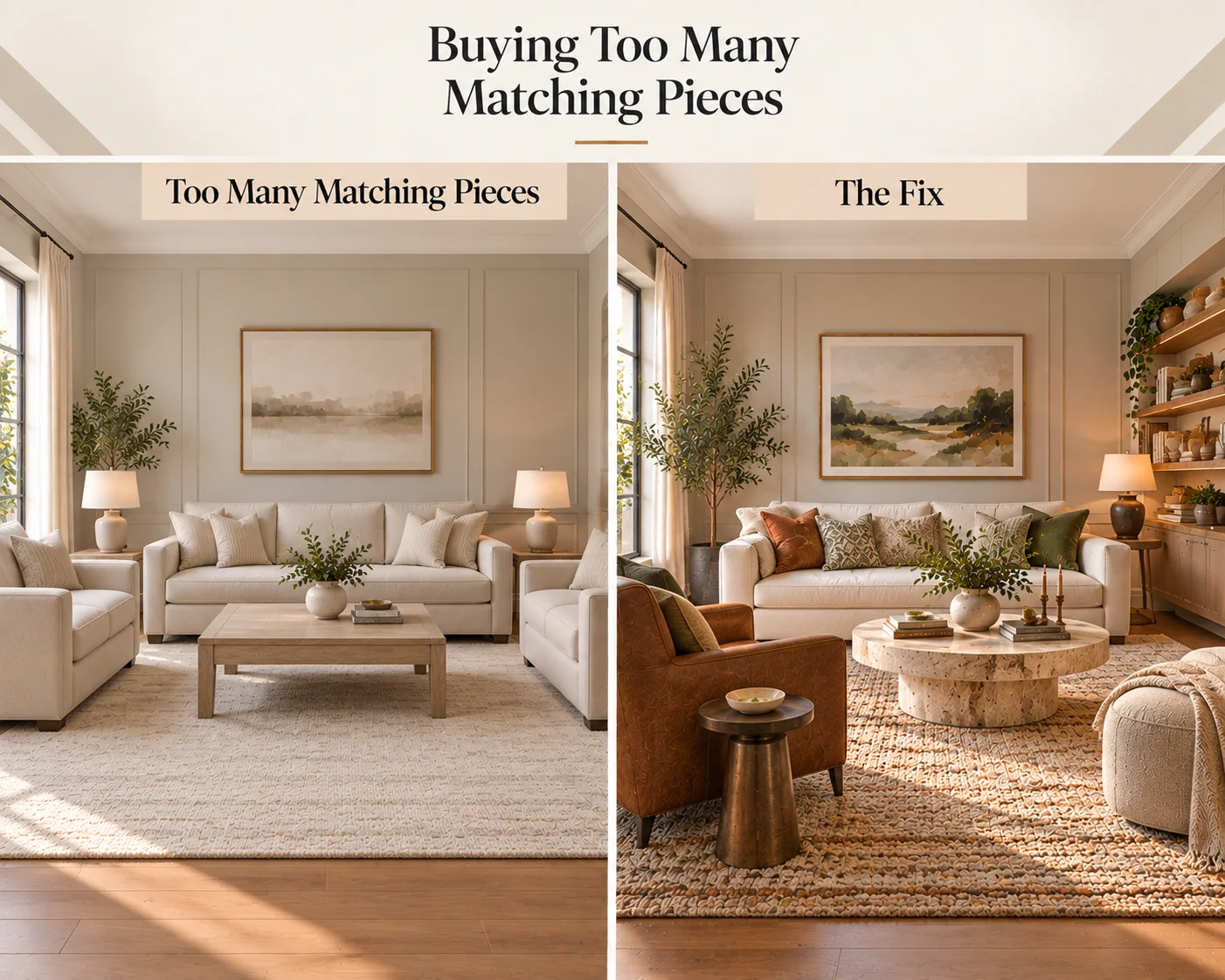 Living room furniture matching mistake showing overly coordinated matching pieces beside a more collected mix of sofa, chairs, tables, rug and decor