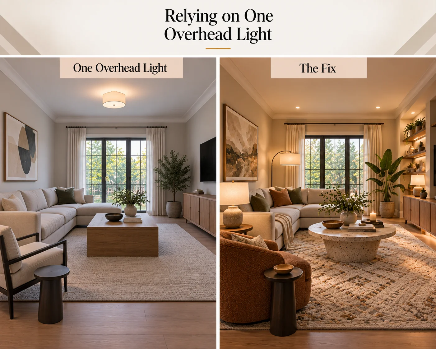 Living room lighting mistake showing a room lit only by one overhead ceiling light beside a layered lighting layout with table lamps, floor lamp and illuminated shelving