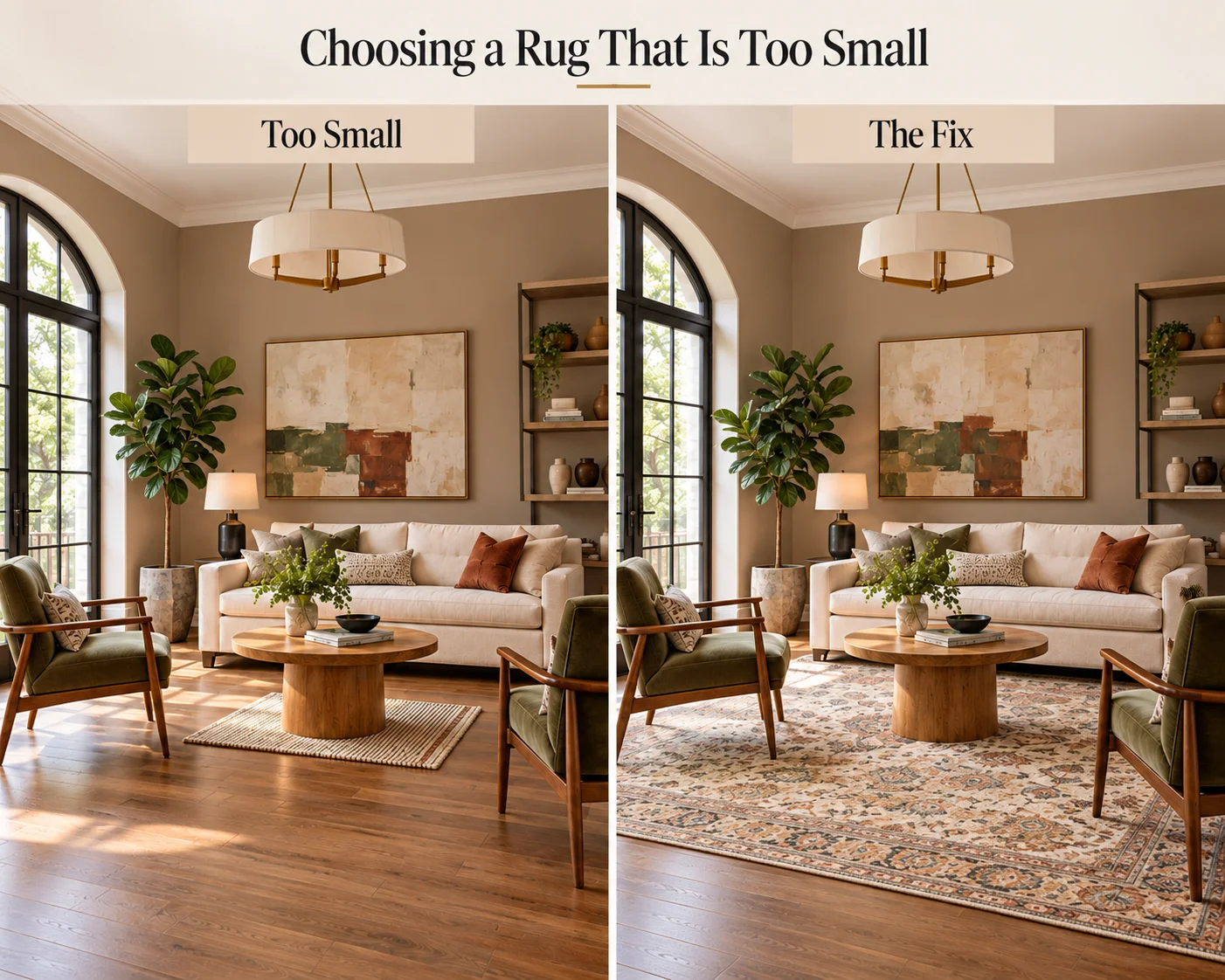Living room rug size mistake showing a small rug beneath the coffee table beside the correct larger rug anchoring the sofa and accent chairs