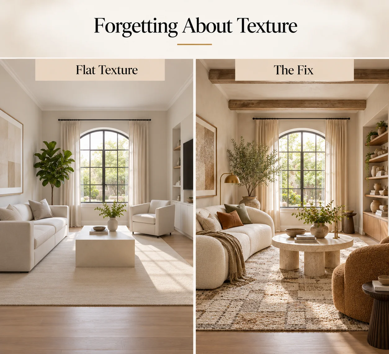 Living room texture mistake showing a flat neutral space beside a layered room with wool, linen, timber, stone, boucle and ceramic textures