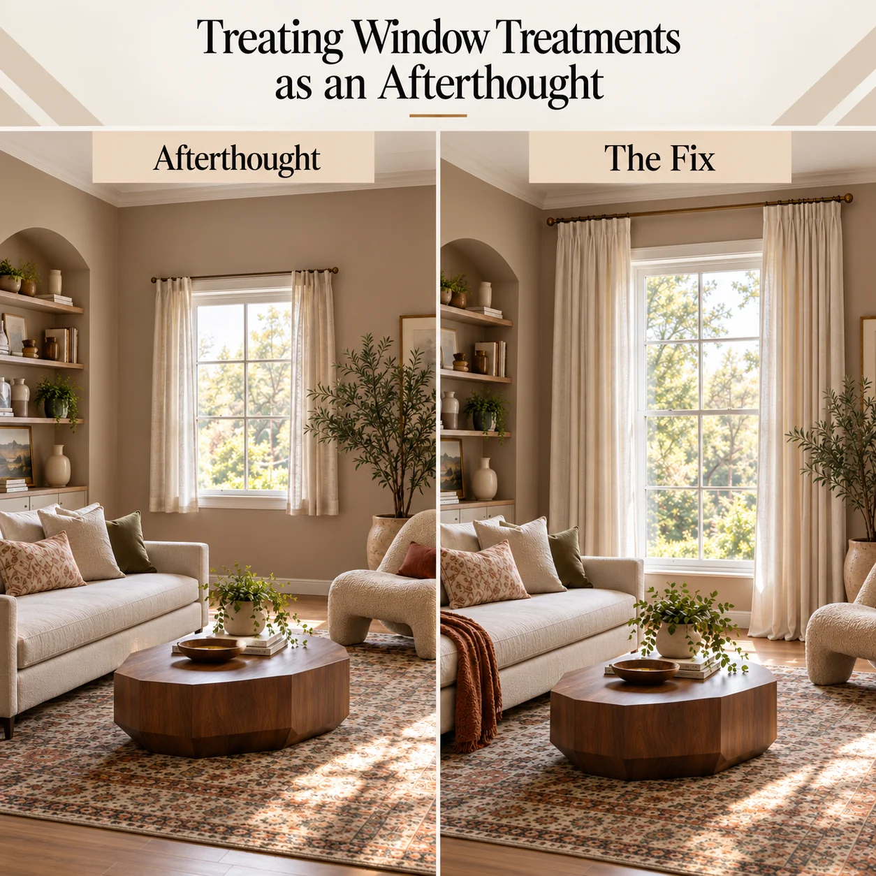 Living room window treatment mistake showing short narrow curtains beside properly hung floor-length curtains that make the window appear taller and wider
