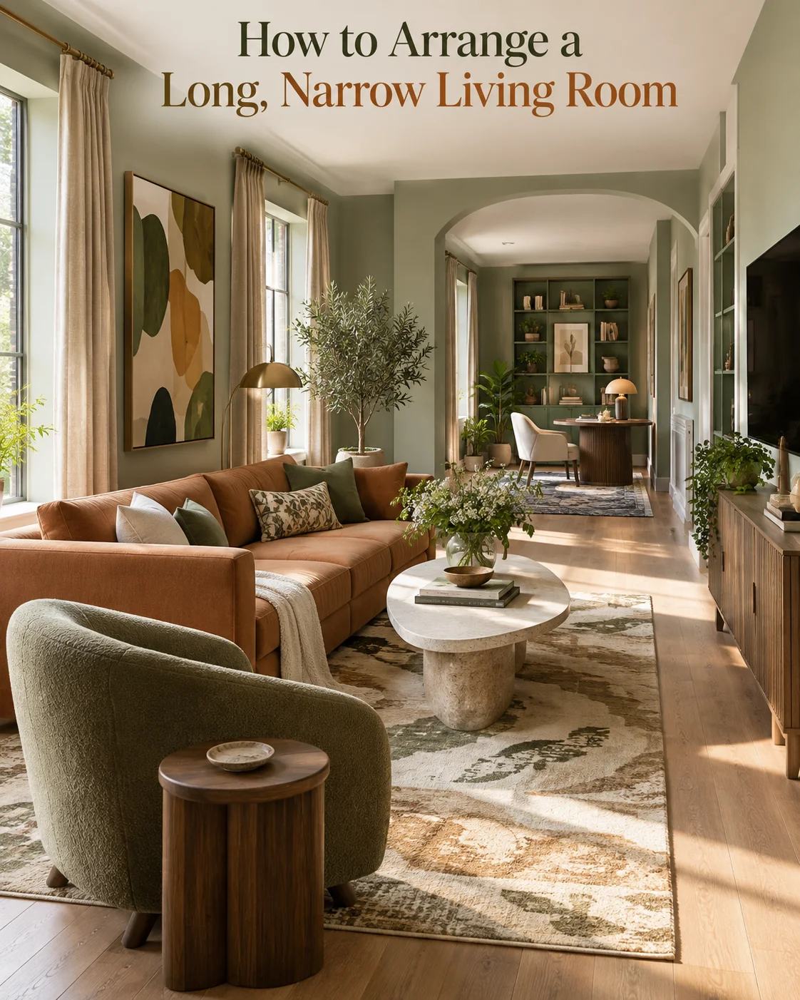 Long narrow living room layout with grouped seating, a perpendicular accent chair, area rug and secondary reading zone