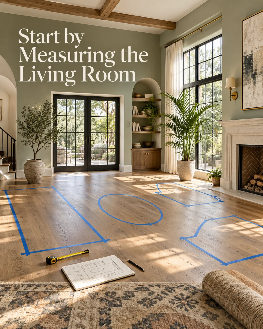 Measuring a living room with painter’s tape to plan furniture placement and circulation before arranging the space