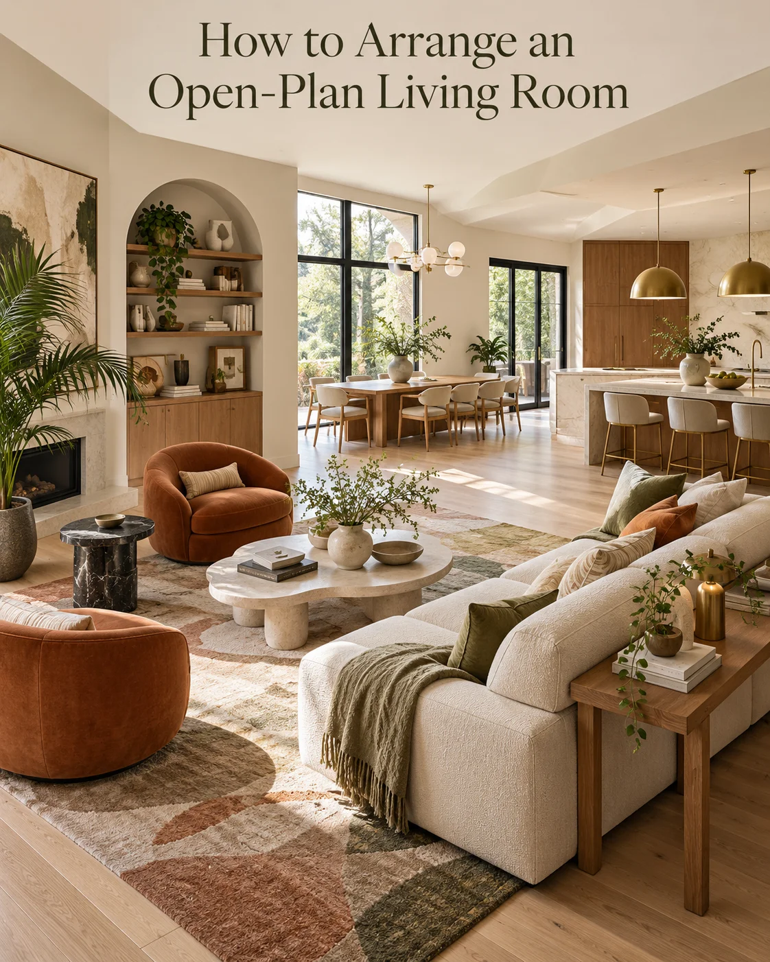 Open-plan living room layout with sofa defining the seating zone, area rug, console table, dining area and kitchen beyond