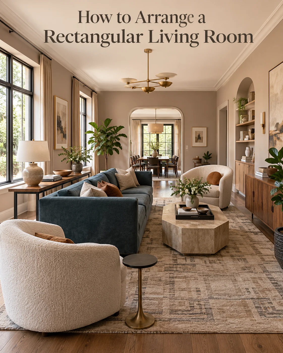 Rectangular living room layout with a floating sofa, accent chairs, centered coffee table and clear walkway behind the seating