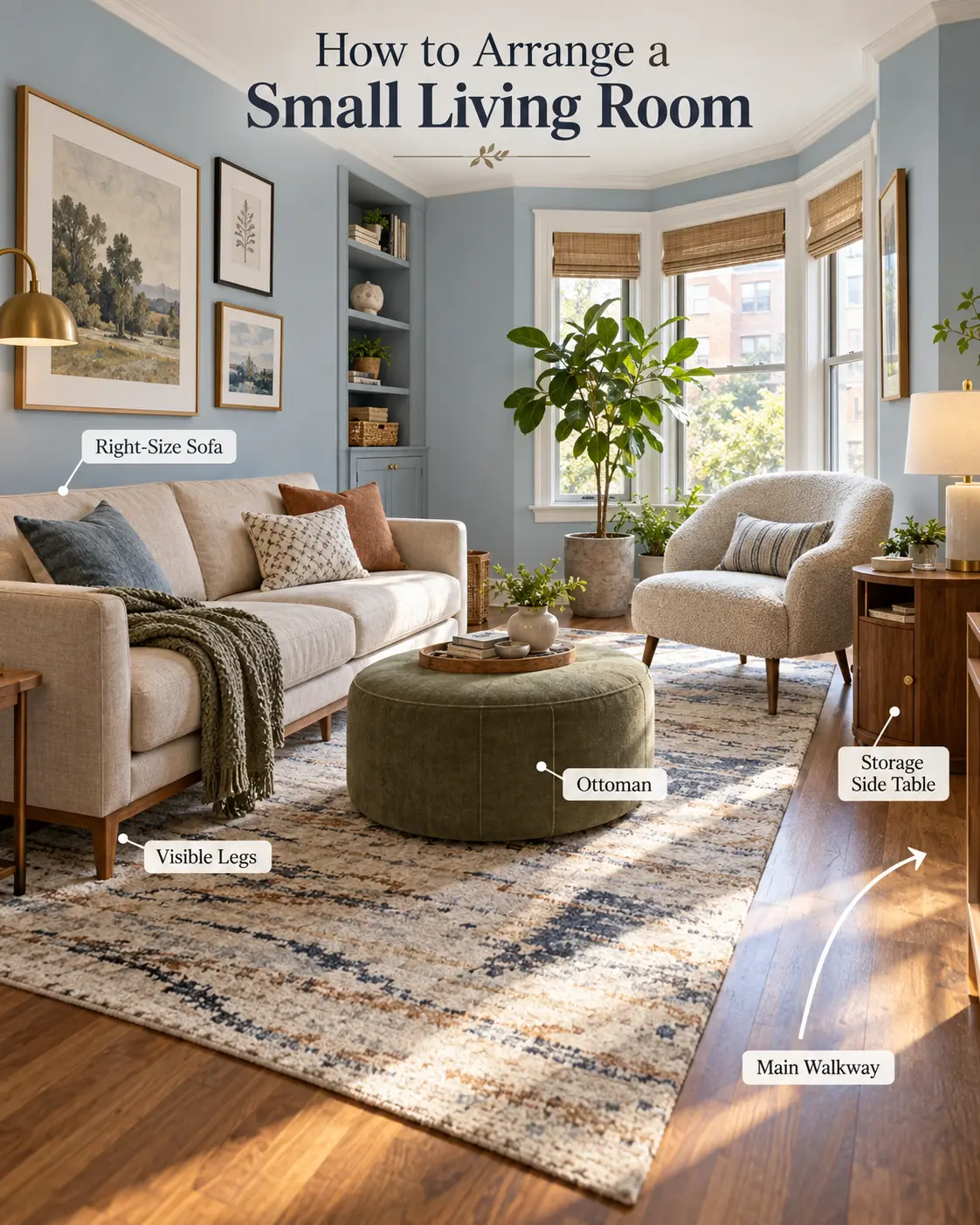 Small living room layout with right-size sofa, accent chair, storage side table, ottoman and clear main walkway