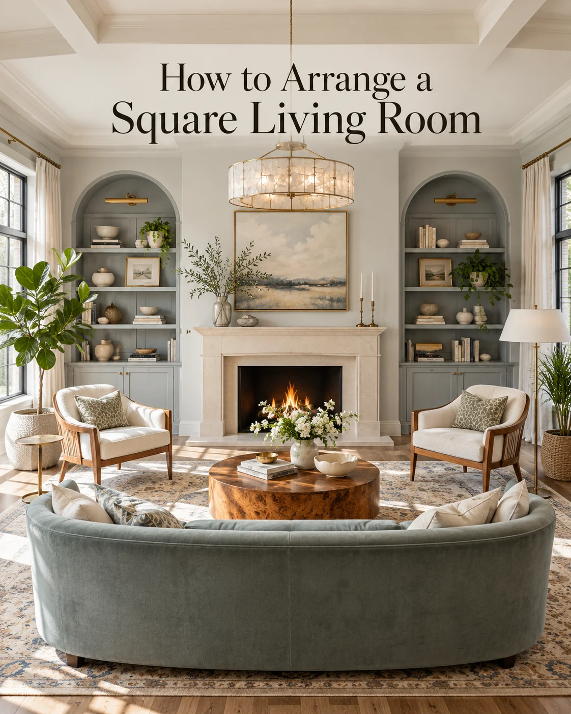Square living room layout with sofa facing a central fireplace, matching accent chairs, area rug and coffee table